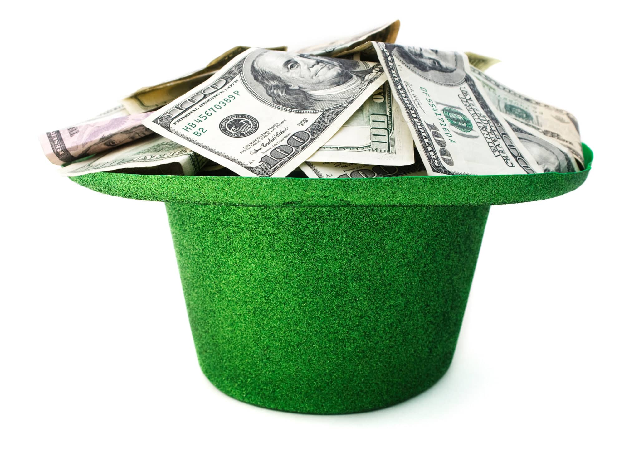 money in a green hat
