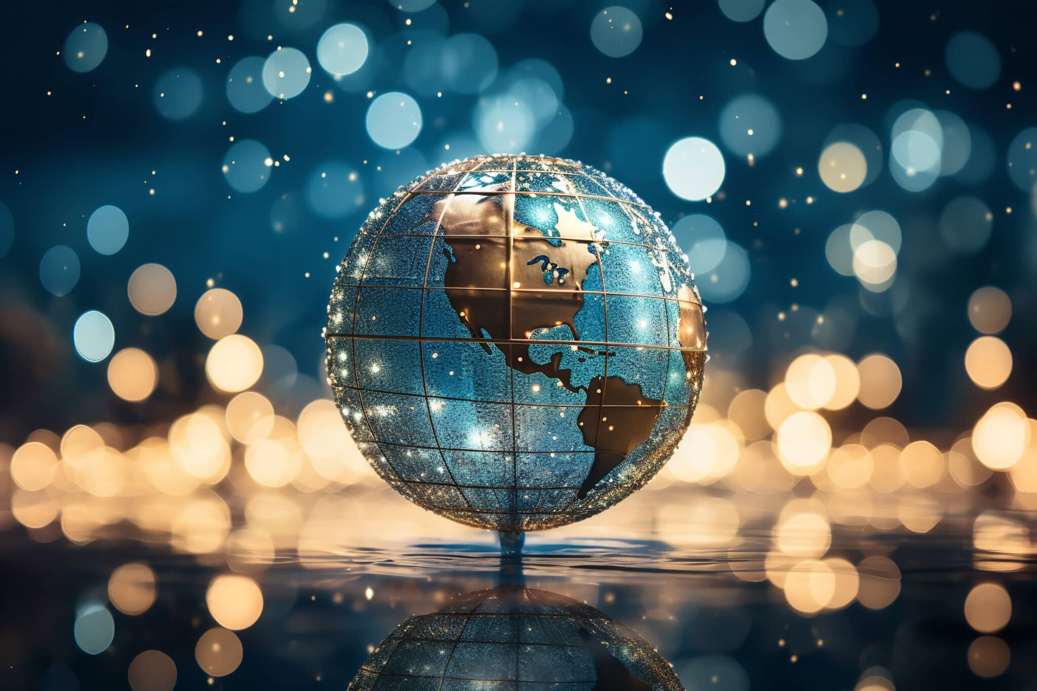 globe with world celebration lights in background